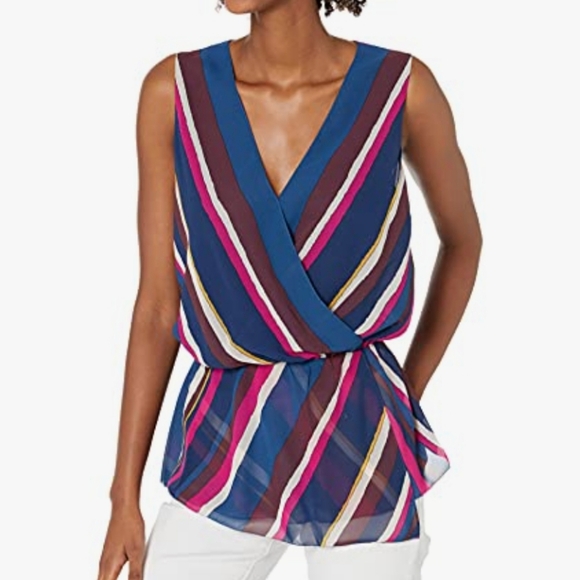 Trina Turk Tops - TRINA TURK Stellar Surplice V Neck Multi Striped Top Asymmetrical Hem Size Med